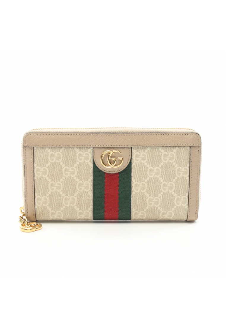 Gucci 二奢 Pre-loved GUCCI Ophidia GG Supreme sherry line round zipper long wallet PVC leather beige multicolor