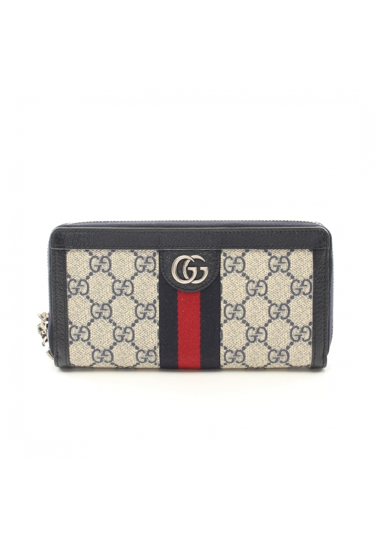 Gucci 二奢 Pre-loved GUCCI Ophidia GG Supreme sherry line round zipper long wallet PVC leather beige Navy
