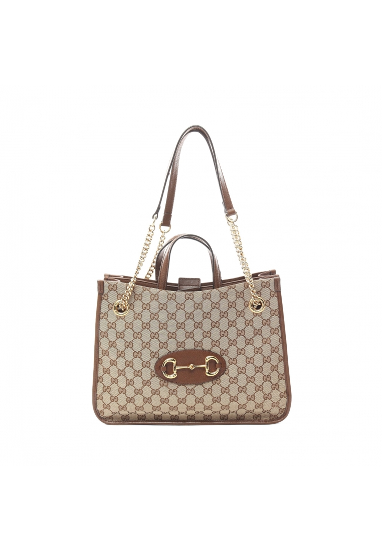 二奢 Pre-loved Gucci Horsebit GG canvas Handbag tote bag canvas leather beige Brown