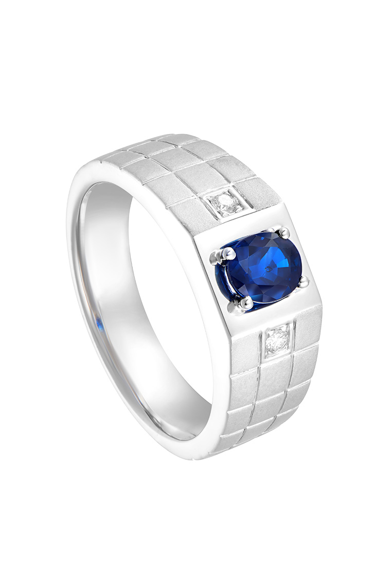HABIB Oval Cut Blue Sapphire and Diamond Grooved Band Men's Ring in 925 Silver Palladium 11937(PLD)