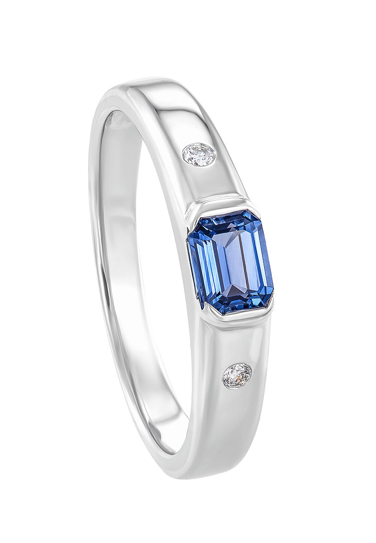 HABIB Semi Bezel Octagen Blue Sapphire and Flush Diamond Men's Ring in 925 Silver Palladium 119670222(PLD)-BS