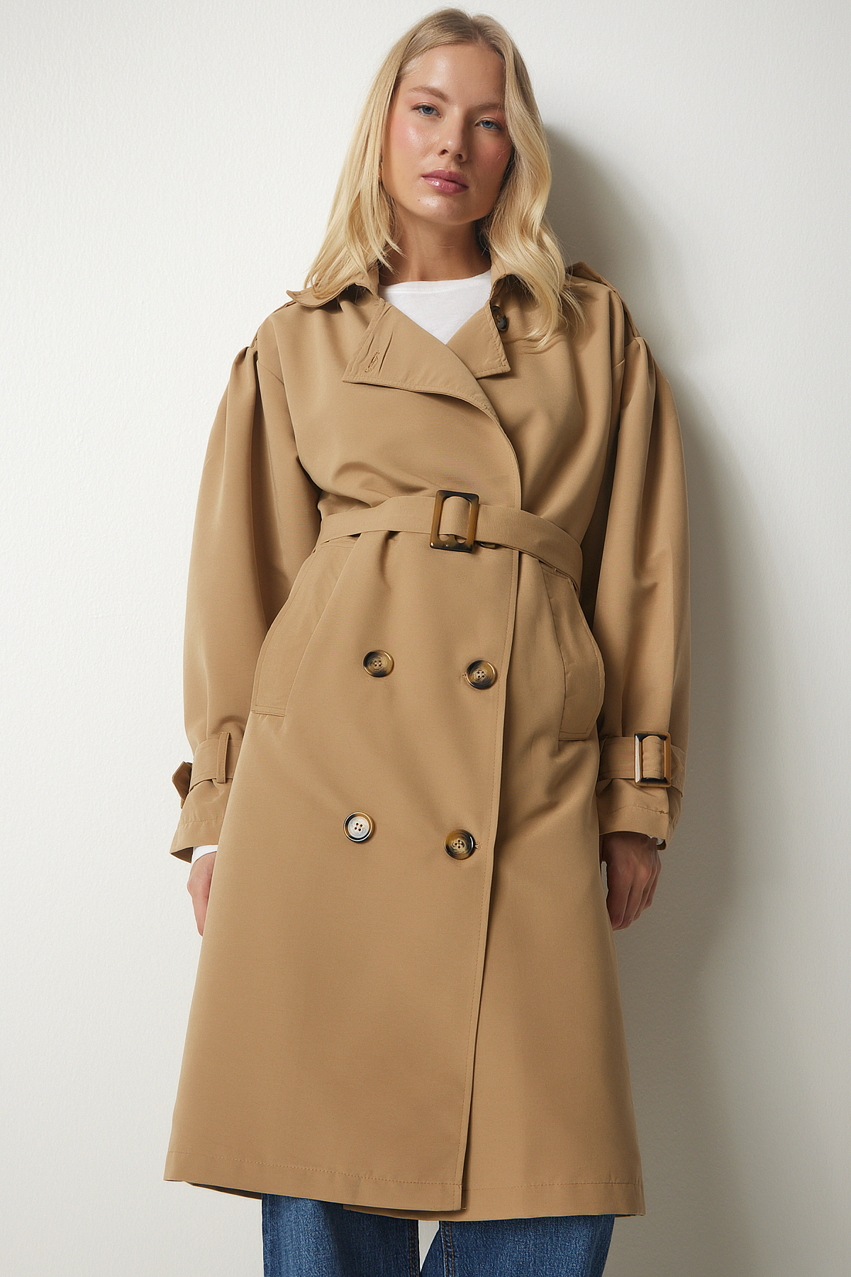 Happiness Istanbul Camel Double-breasted Collar Belted Trench Coat