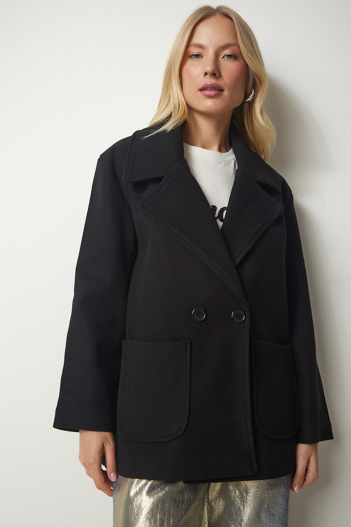 Happiness Istanbul Black Double Breasted Collar Coat with Pockets, Cachet