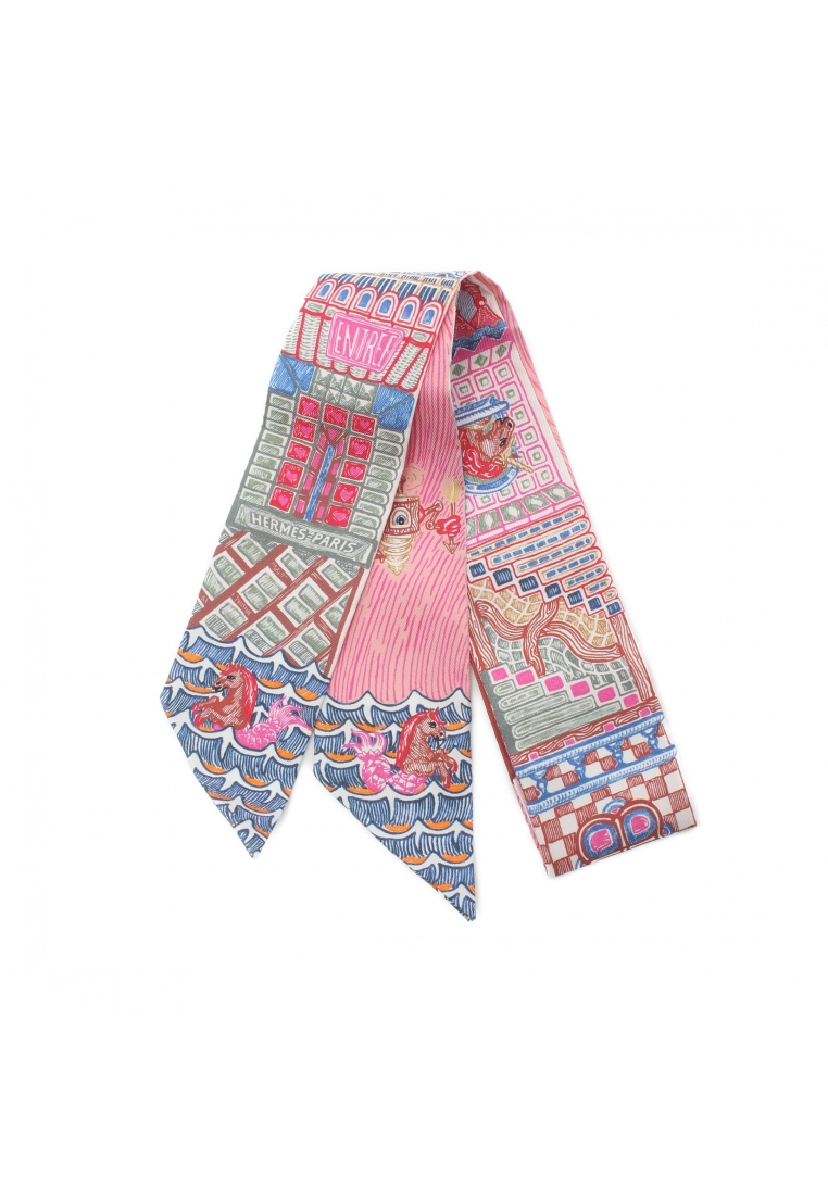 二奢 Pre-loved Hermès Twilly Super silk Quest ribbon scarf silk pink multicolor