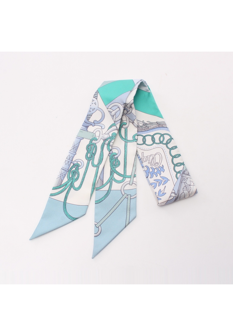 Hermès 二奢 Pre-loved HERMES twilly CLIQUETIS ribbon scarf silk Blue gray multicolor