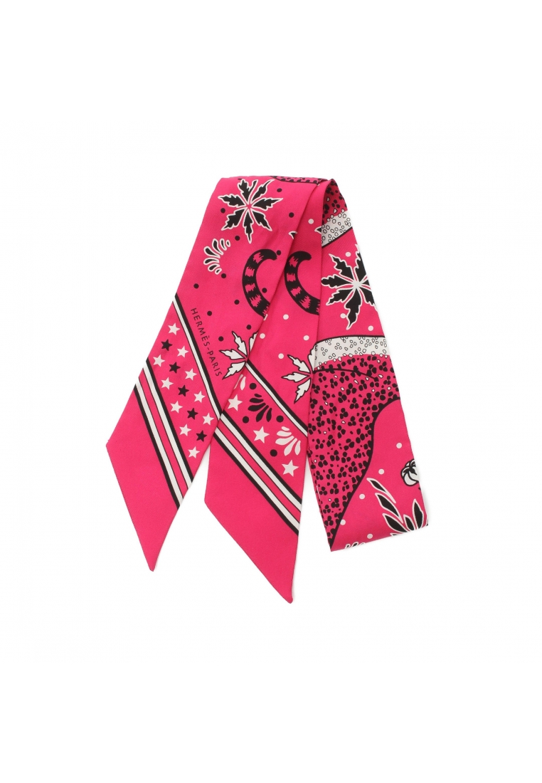 二奢 Pre-loved Hermès twilly Les Leopards pink ribbon scarf silk Pink purple black white