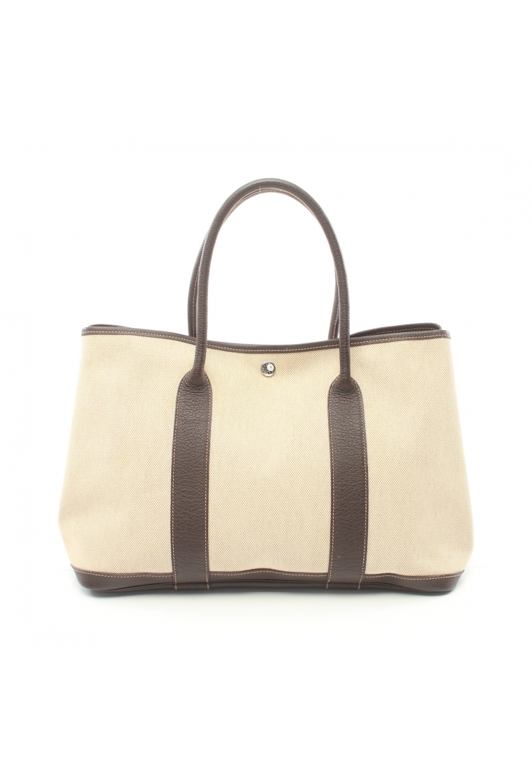 二奢 Pre-loved Hermès garden party PM Handbag tote bag toile ash leather beige Dark brown silver hardware □H stamp