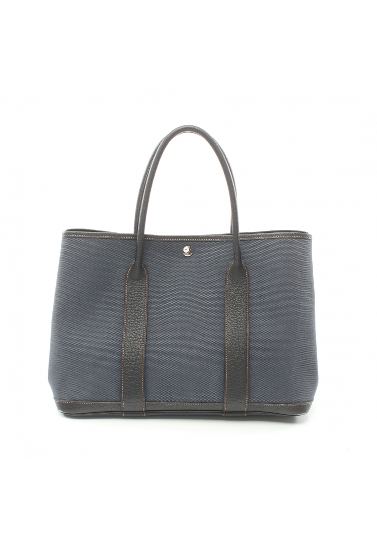 二奢 Pre-loved Hermès garden party PM Handbag tote bag Denim Fonce leather Navy black silver hardware □P stamp