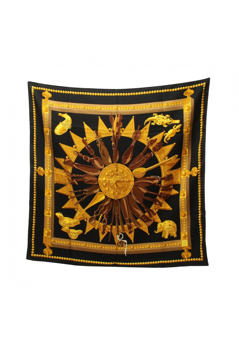 二奢 Pre-loved Hermès carres 90 CUILLERS D'AFRIQUE scarf silk black yellow Brown