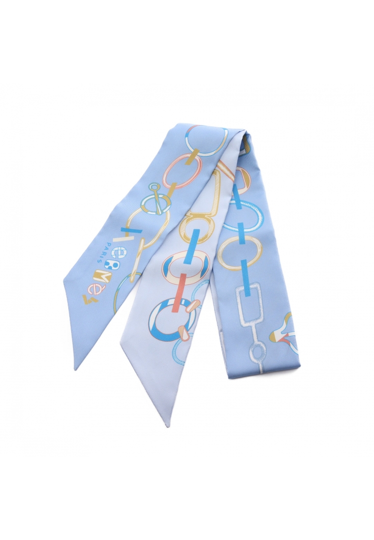 二奢 Pre-loved Hermès twilly Do Re Boucles ribbon scarf silk Light blue multicolor