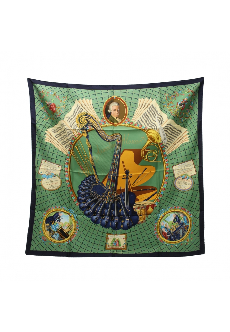 二奢 Pre-loved Hermès carres 90 Wolfgang Amadeus Mozart scarf silk green Navy multicolor