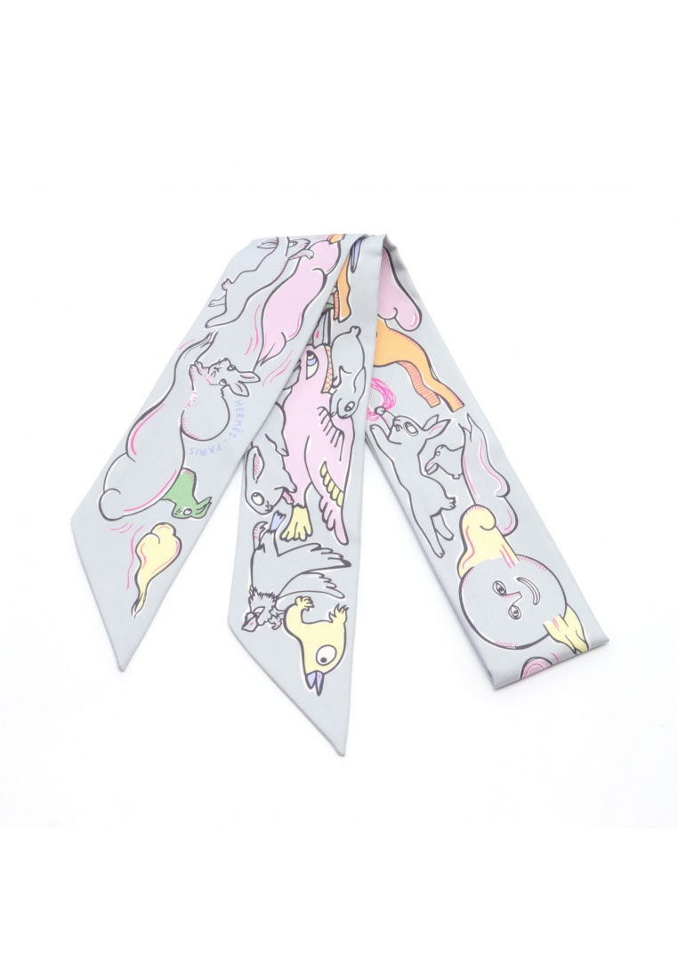 二奢 Pre-loved Hermès twilly MILLE ET UN LAPINS ribbon scarf silk gray multicolor