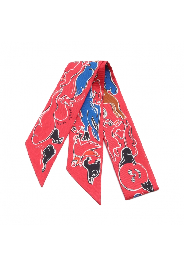 二奢 Pre-loved Hermès twilly MILLE ET UN LAPINS ribbon scarf silk Red multicolor