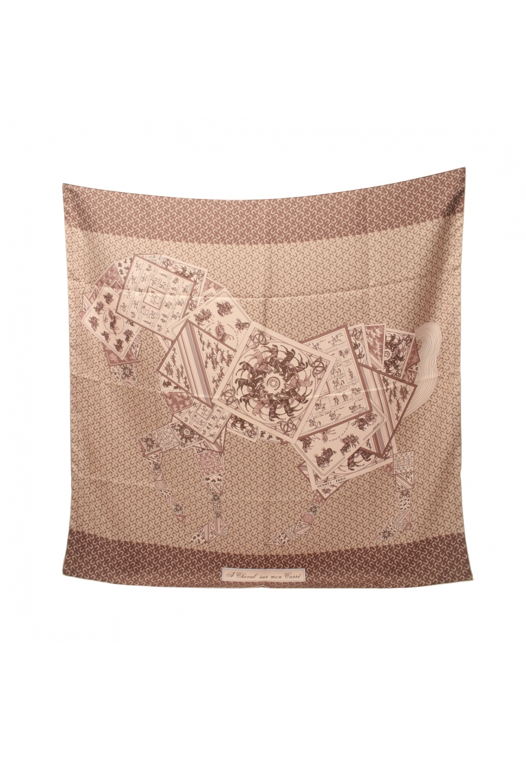二奢 Pre-loved Hermès carres 90 A Cheval Sur Mon Carre scarf silk Dusty pink Gray beige multicolor