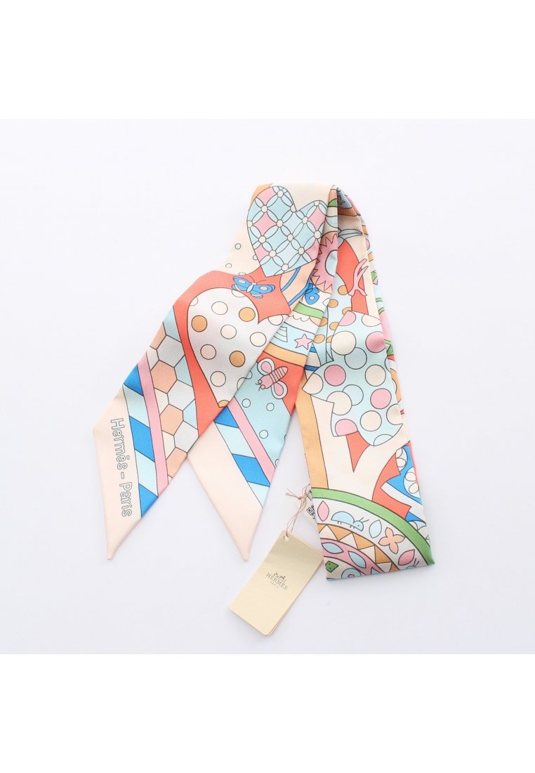 二奢 Pre-loved Hermès twilly LES MURMURES DE LA FORET ribbon scarf silk Light pink multicolor