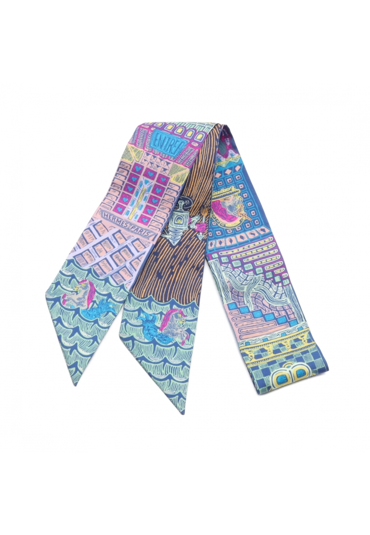 二奢 Pre-loved Hermès twilly SUPER SILK QUEST ribbon scarf silk blue pink multicolor