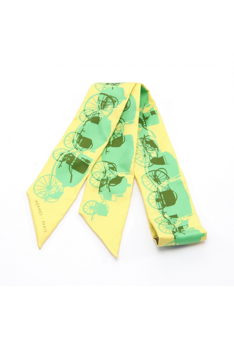Hermès 二奢 Pre-loved HERMES twilly ribbon scarf carriage pattern silk Light yellow multicolor