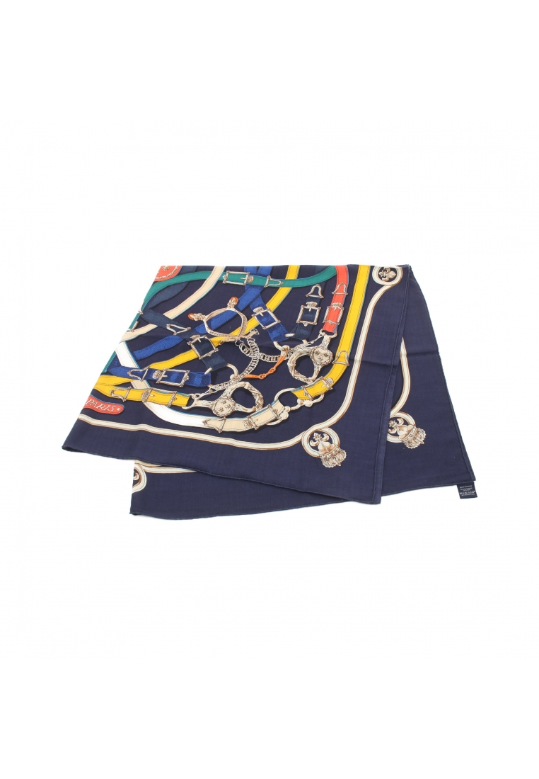 二奢 Pre-loved Hermès Carréjean carres 140 CAVALCADOUR scarf shawl cashmere silk Navy multicolor