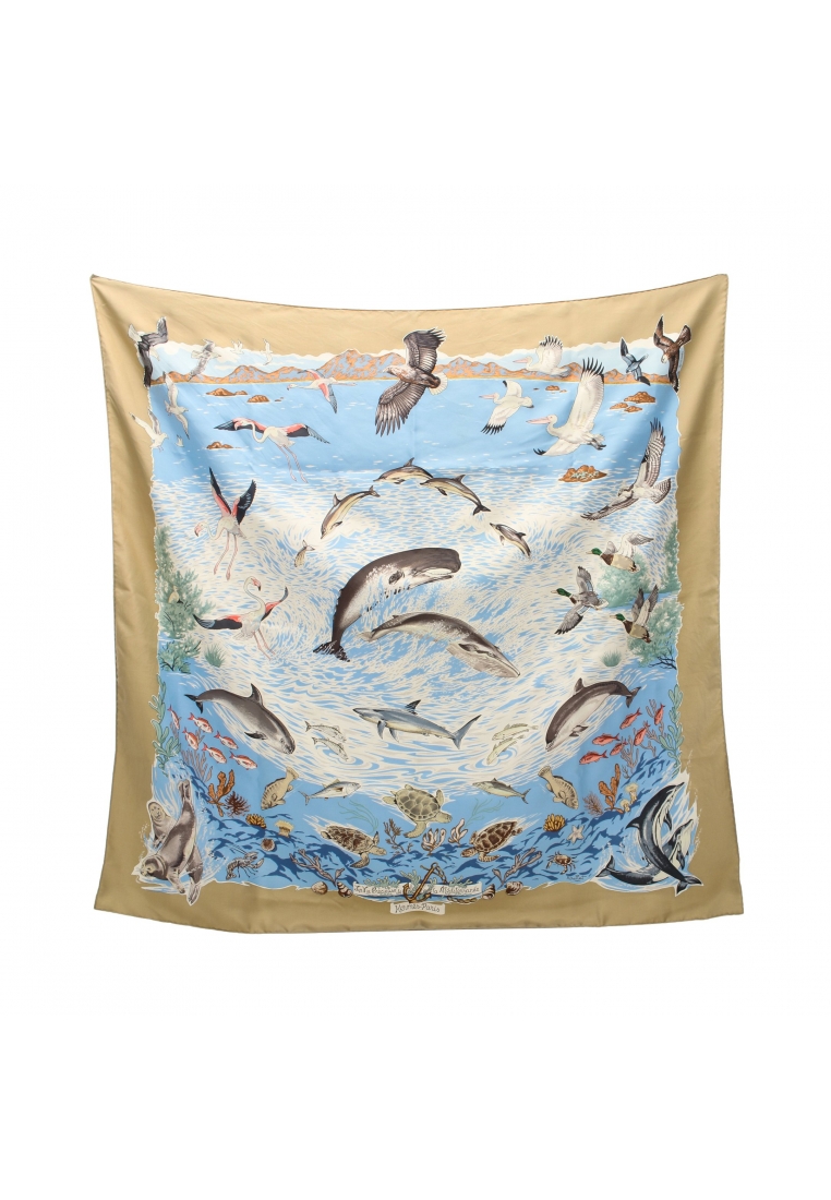 二奢 Pre-loved Hermès carres 90 vie Precieuse de la Mediterranee scarf silk beige Light blue multicolor