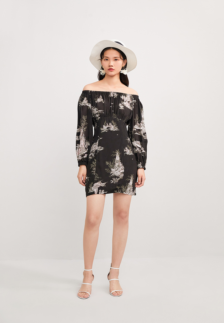 Hopeshow Off Shoulder Oriental Print Mini Dress