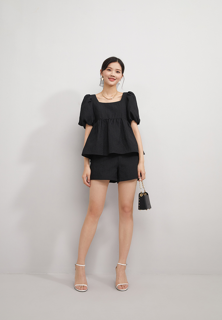 Hopeshow Puff Sleeve Square Collar Textured Top