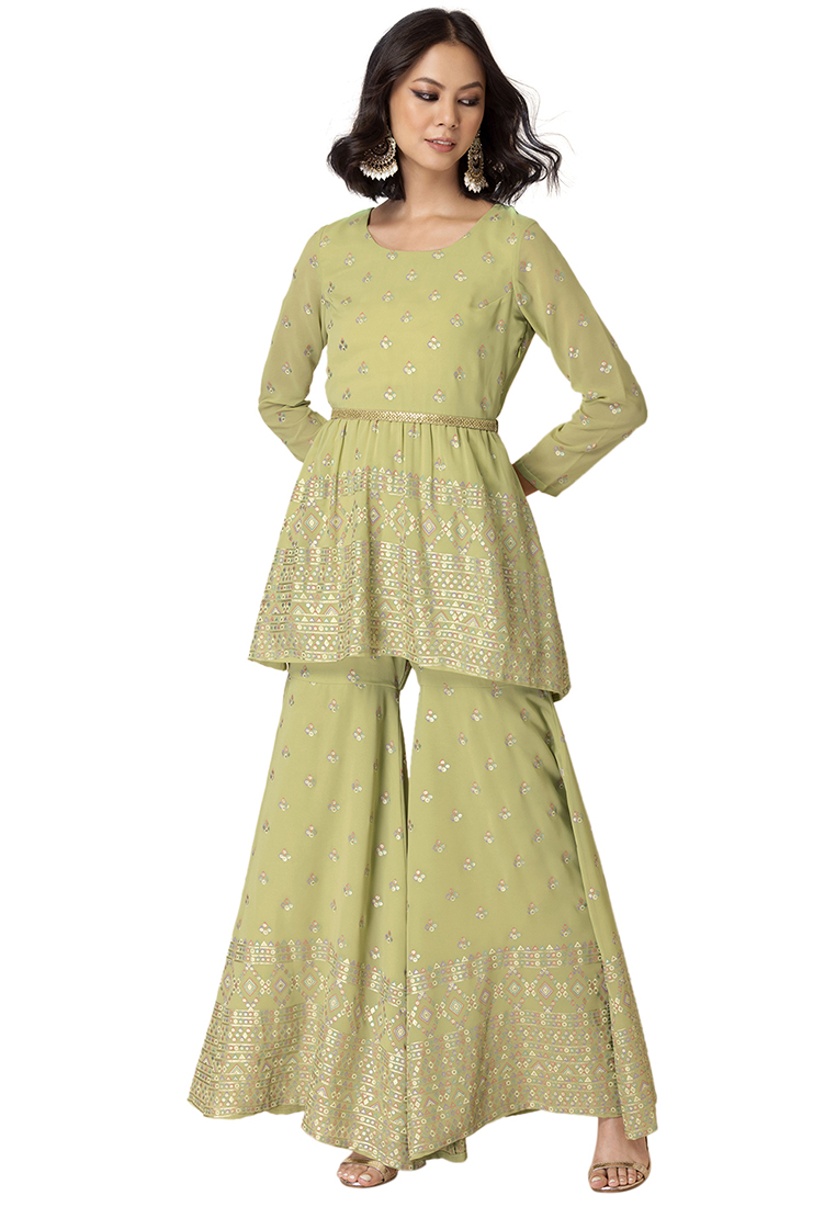 Indya Lime Green Bandhani Printed Belted Short Kurta Set