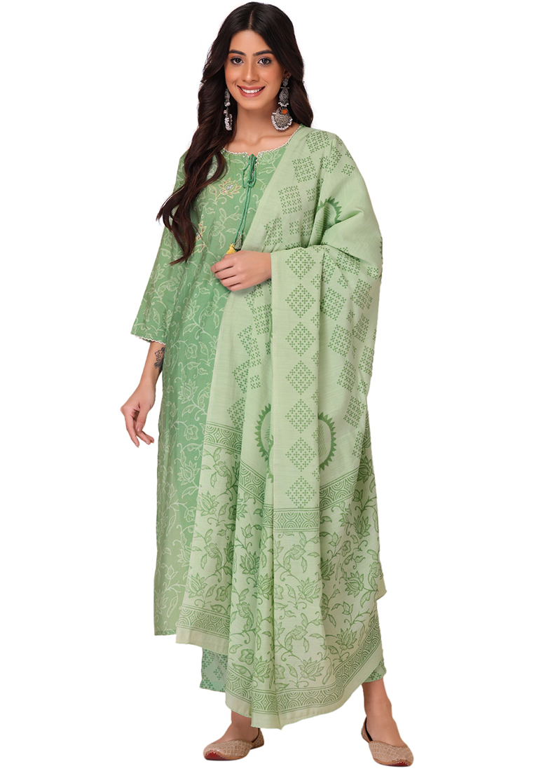 Indya Green Floral Print Muslin Kurta With Pants And Printed Dupatta (Set of 3)