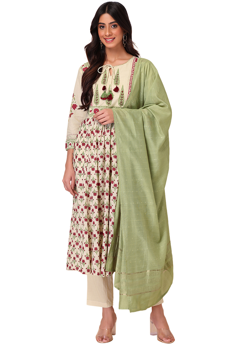 Indya Ivory And Red Block Print Cotton Kurta With Pants And Green Dupatta (Set of 3)