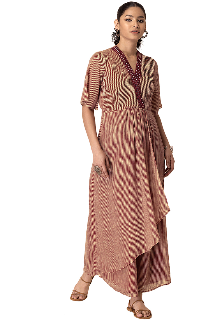 Indya Maroon And Beige Striped Layered Kurta