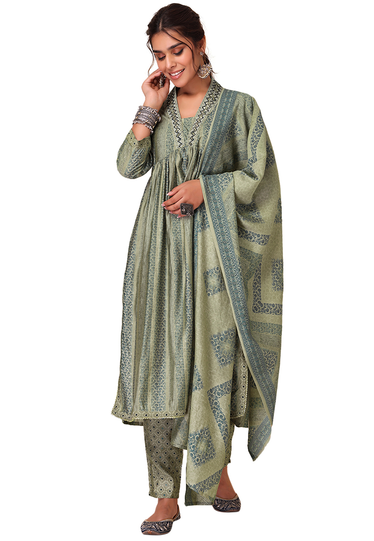 Indya Turquoise Blue Embroidered Muslin Kurta With Pants And Printed Dupatta (Set of 3)