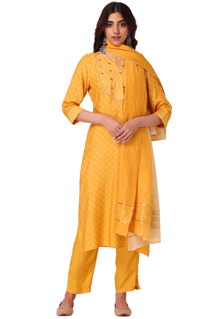 Indya Yellow Bandhani Print Sequin Embroidered Muslin Kurta With Pants And Dupatta (Set of 3)