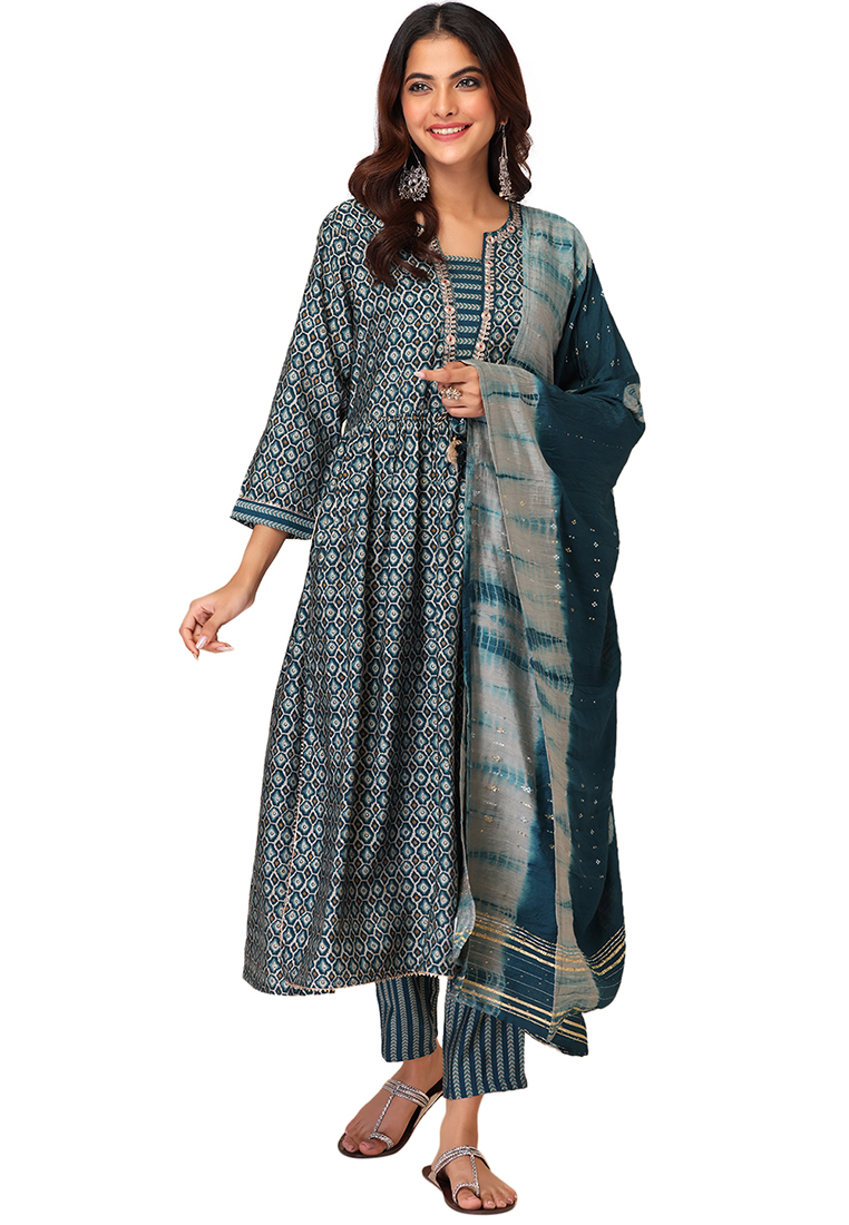 Indya Teal Blue Embroidered Muslin Kurta With Pants And Printed Dupatta (Set of 3)
