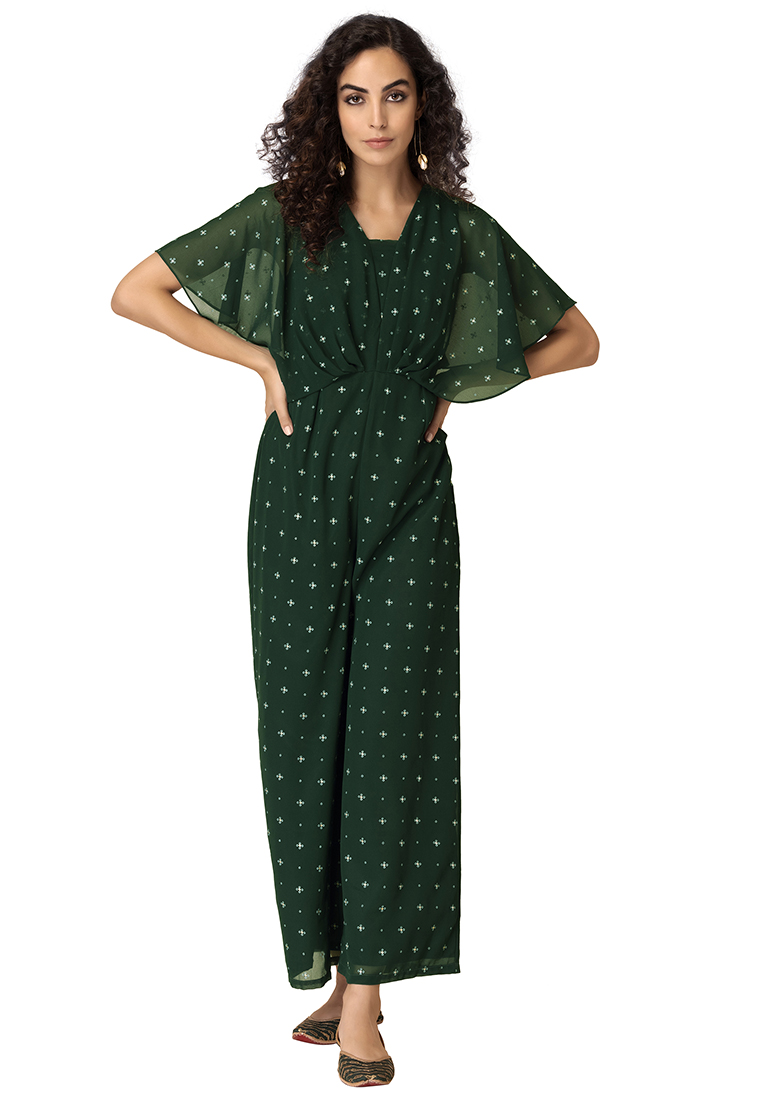 Indya Green Bandhani Printed Flared Sleeve Jumpsuit