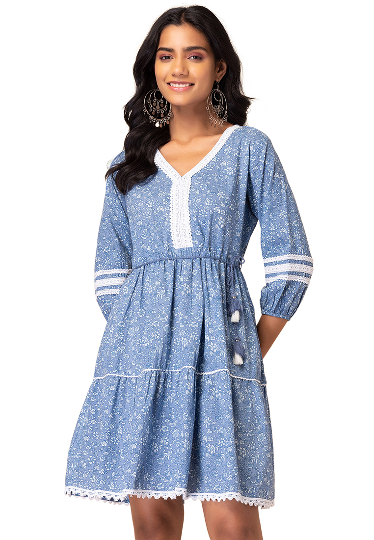 Indya Blue Floral Print Cotton Dress With Dori Belt
