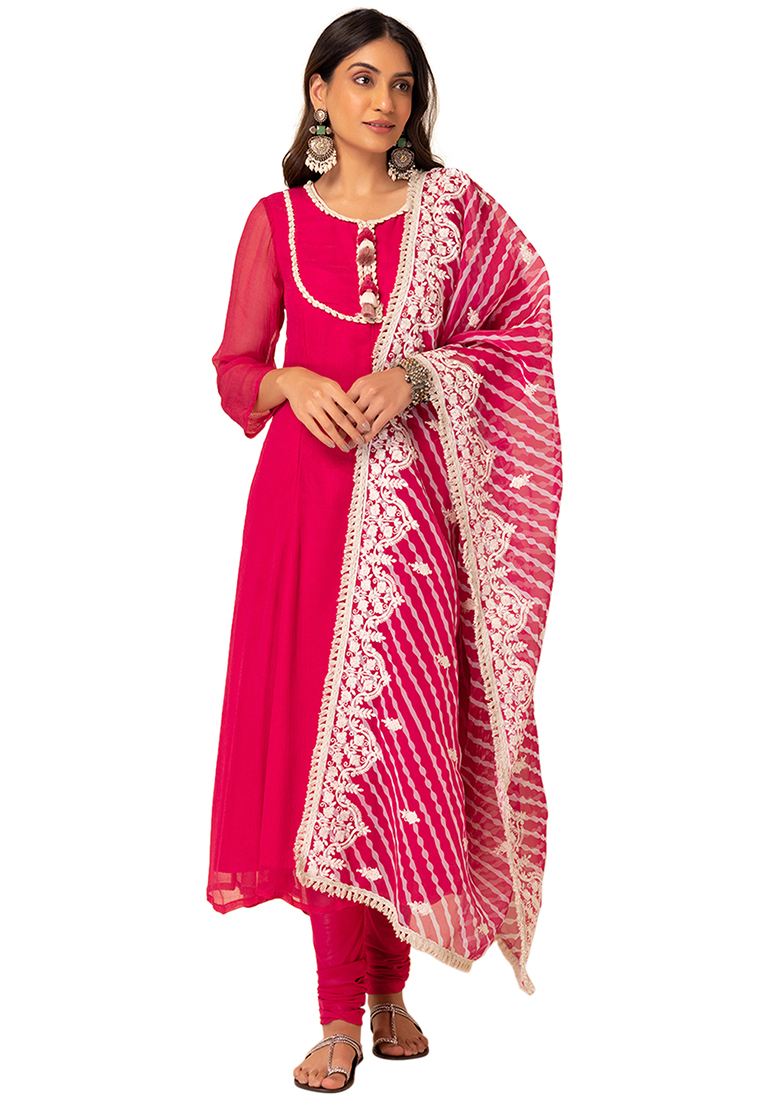 Indya Hot Pink Anarkali Kurta With Churidar And Embroidered Dupatta (Set of 3)