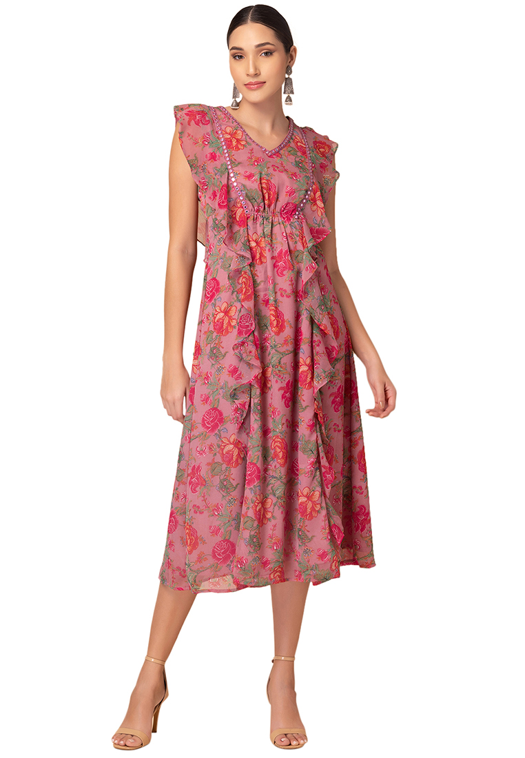 Indya Light Pink Floral Print Ruffled Maxi Dress