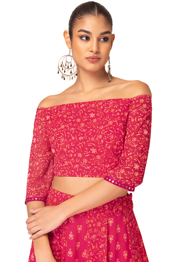 Indya Hot Pink Floral Print Off Shoulder Blouse