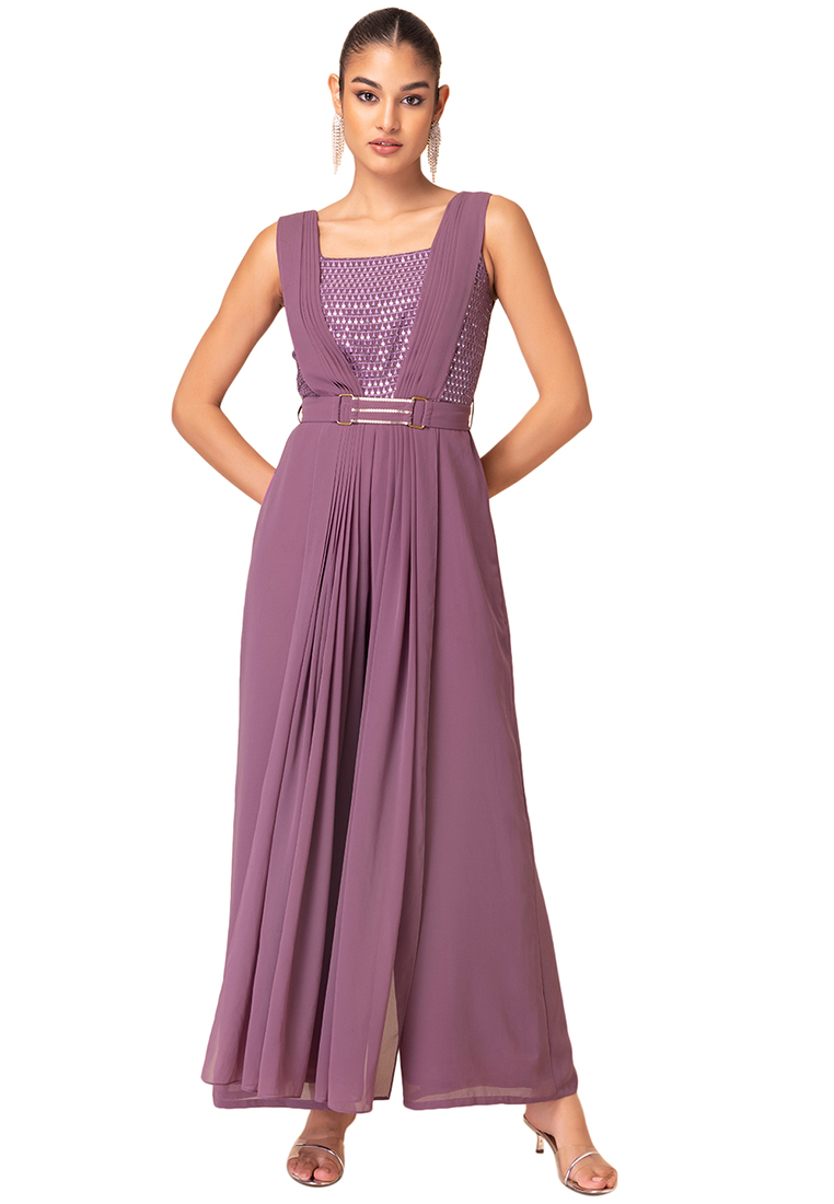 Indya Purple Sequin Embroidered Jumpsuit With Belt And Attached Drape (Set of 2)