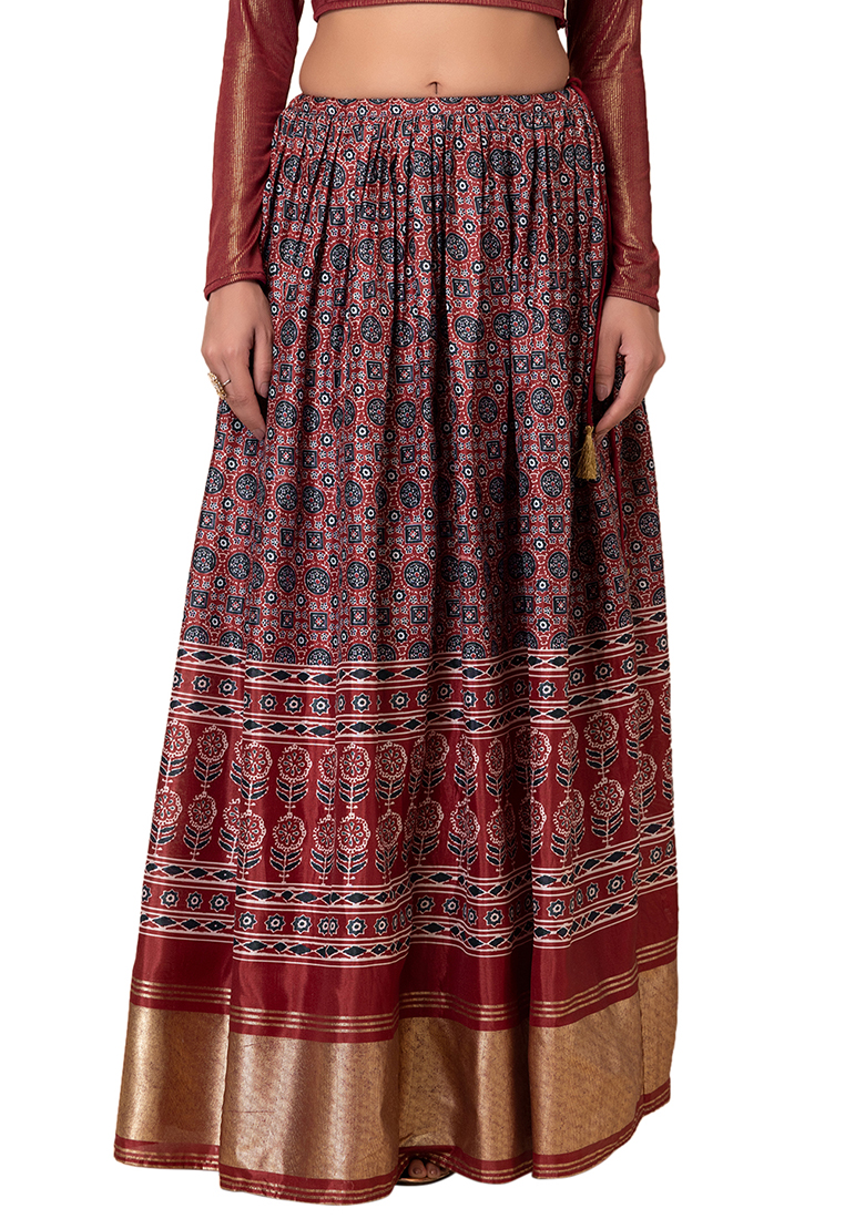 Indya Red Ajrakh Print Silk Lehenga Skirt