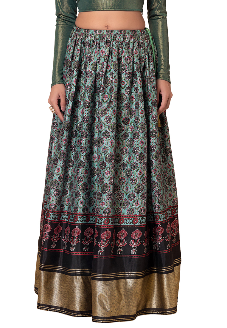 Indya Pastel Green Ajrakh Print Silk Lehenga Skirt