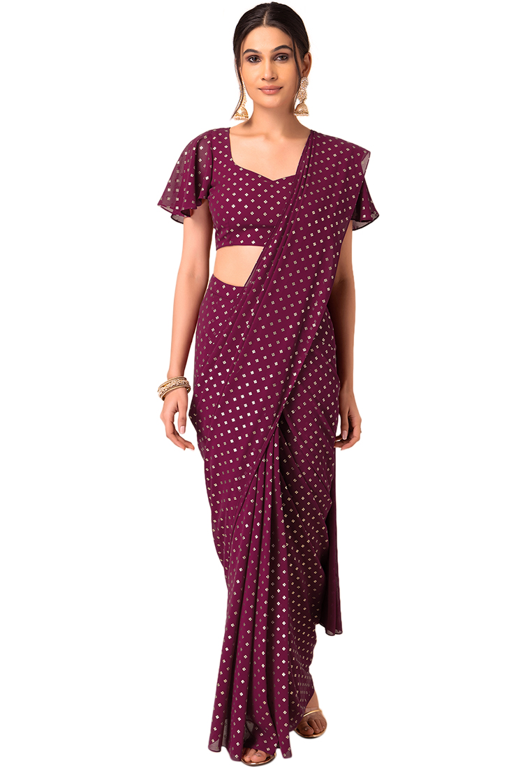 Indya Purple Foil Print Drape Saree