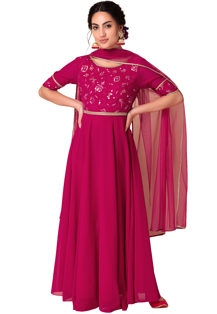 Indya VARUN BAHL X INDYA Hot Pink Sequin Embroidered Anarkali Kurta With Dupatta And Belt (Set of 3)