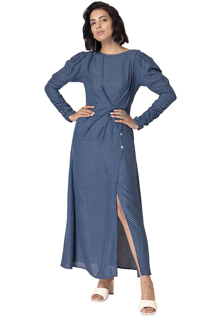 Indya Navy Cross Stitch Draped Maxi Dress