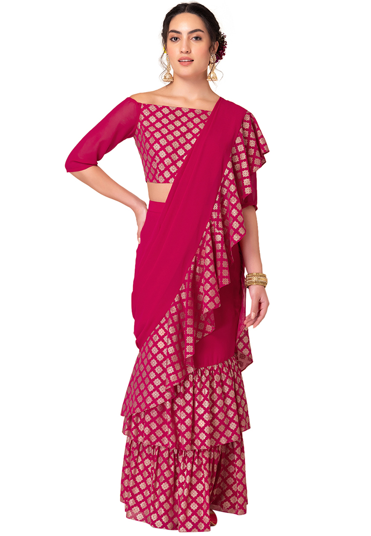 Indya Pink Foil Print Ruffled Pre-Stitched Saree