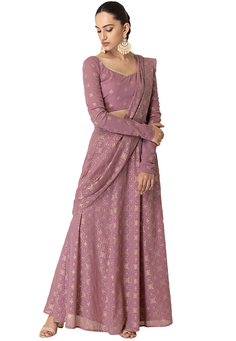 Indya Pink Foil Print Kalidar Pre-Stitched Saree