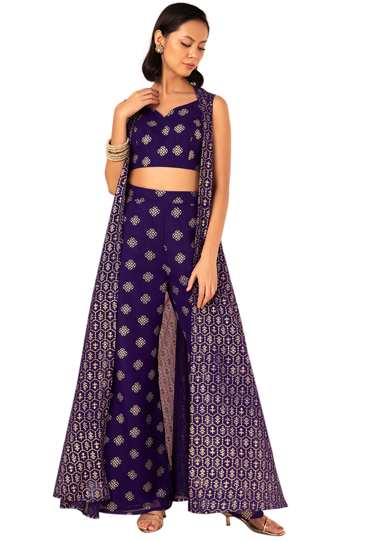 Indya Purple Geometric Foil Print Jacket With Top And Pants (Set of 3)