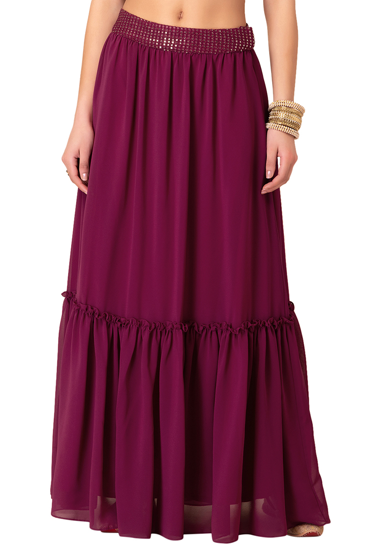 Indya Purple Embroidered Waist Tiered Lehenga Skirt