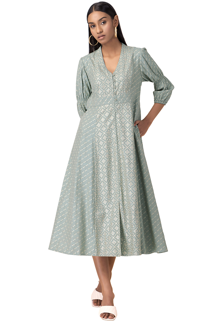 Indya Green Geo Mix Print A-Line Dress