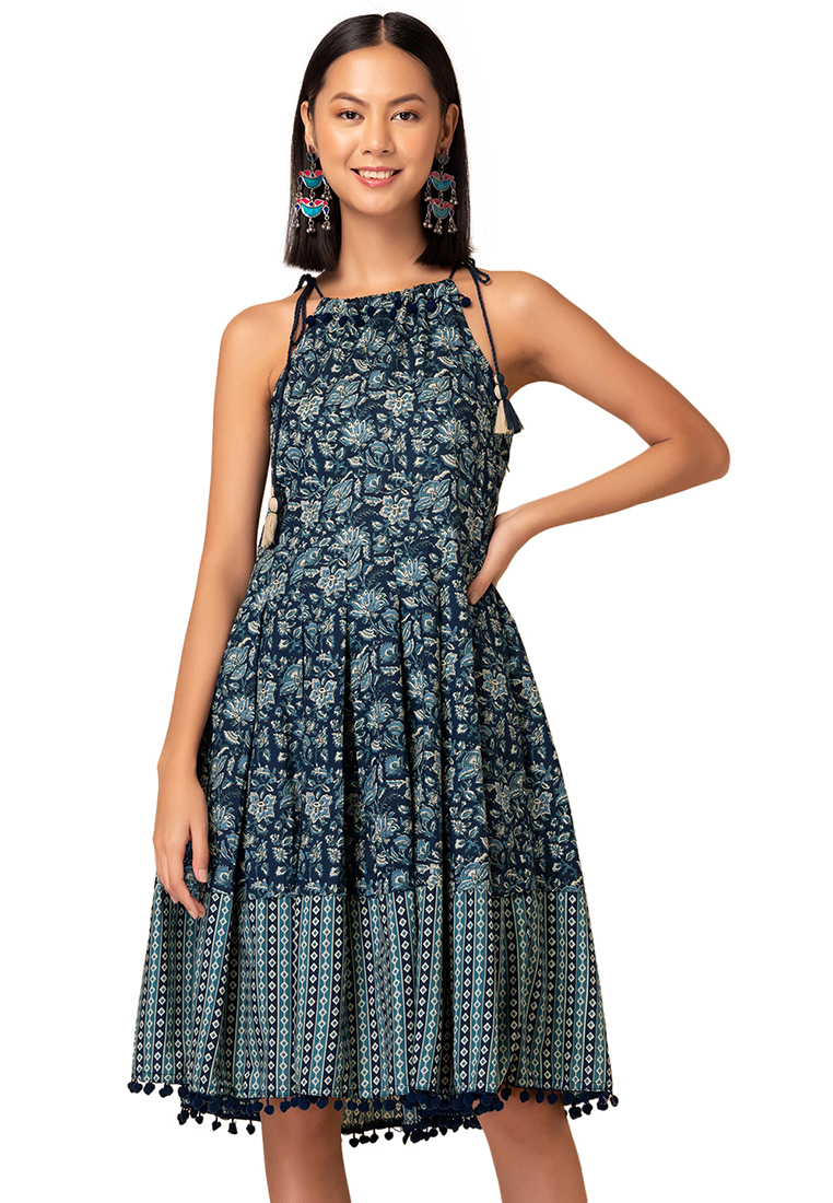 Indya Navy Blue Floral Print Strappy Tiered Cotton Dress