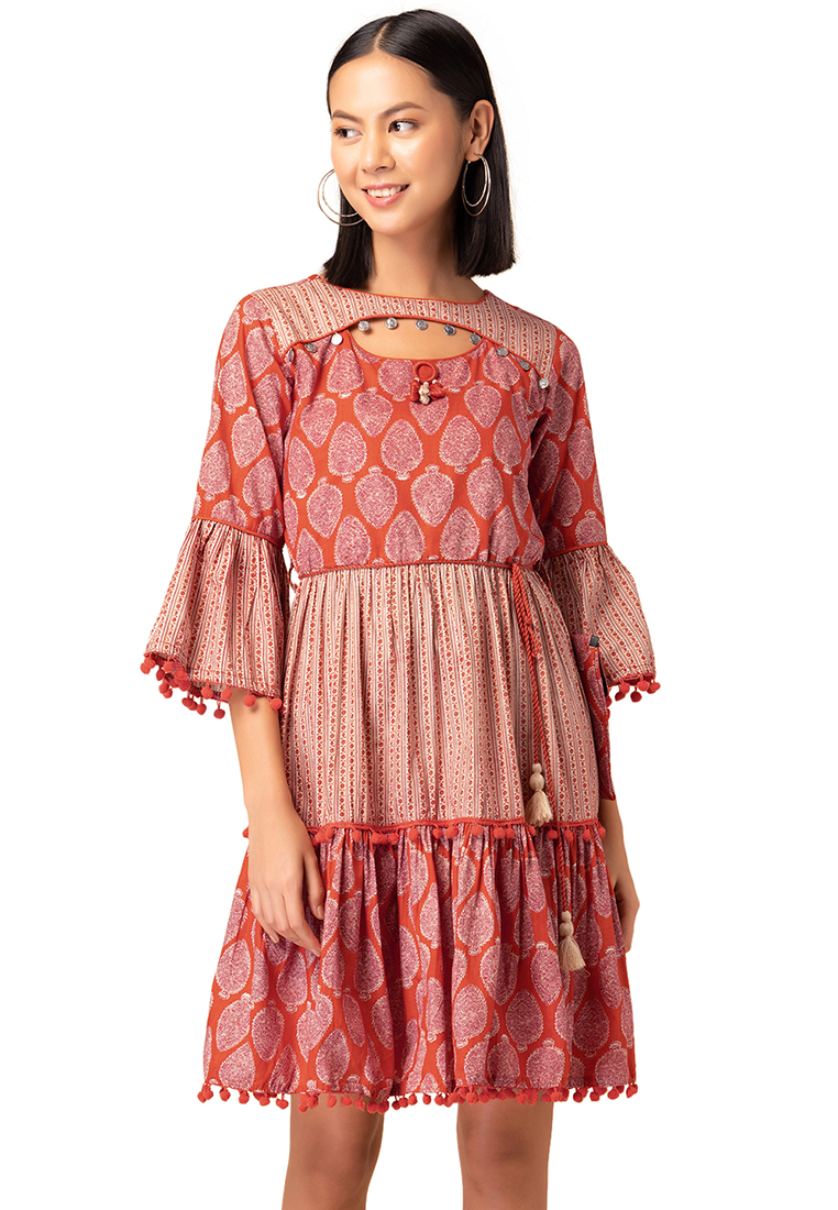 Indya Orange Leaf Print Tiered Cotton Dress